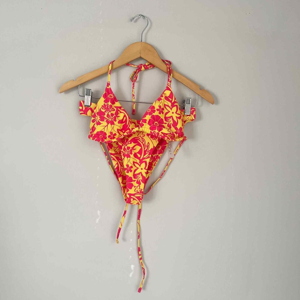 Shein Pink and Yellow Floral Print Two Piece Bikini Size Small